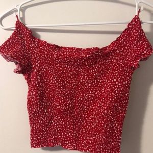 Cropped red floral off the shoulder t shirt